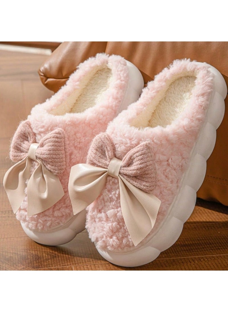Shein Women's Bow Knot Plush Indoor Slippers Soft Sole Warm Fuzzy House Shoes Anti-Slip Casual Bedroom Home Wear Autumn Winter - Image 1