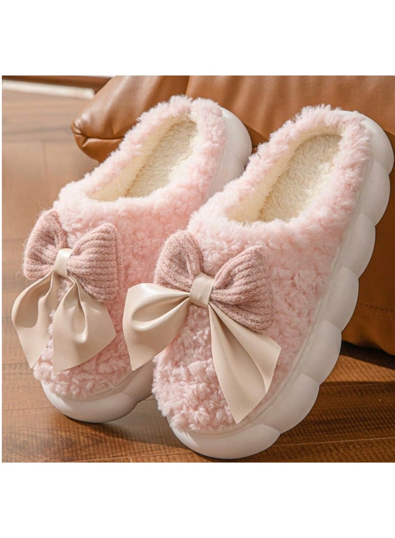 Shein Women's Bow Knot Plush Indoor Slippers Soft Sole Warm Fuzzy House Shoes Anti-Slip Casual Bedroom Home Wear Autumn Winter - Image 2
