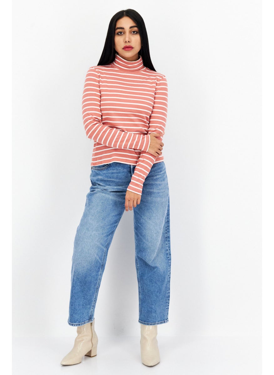 s.Oliver Women Funnel Neck Long Sleeve Stripes Top, Salmon  - Image 3