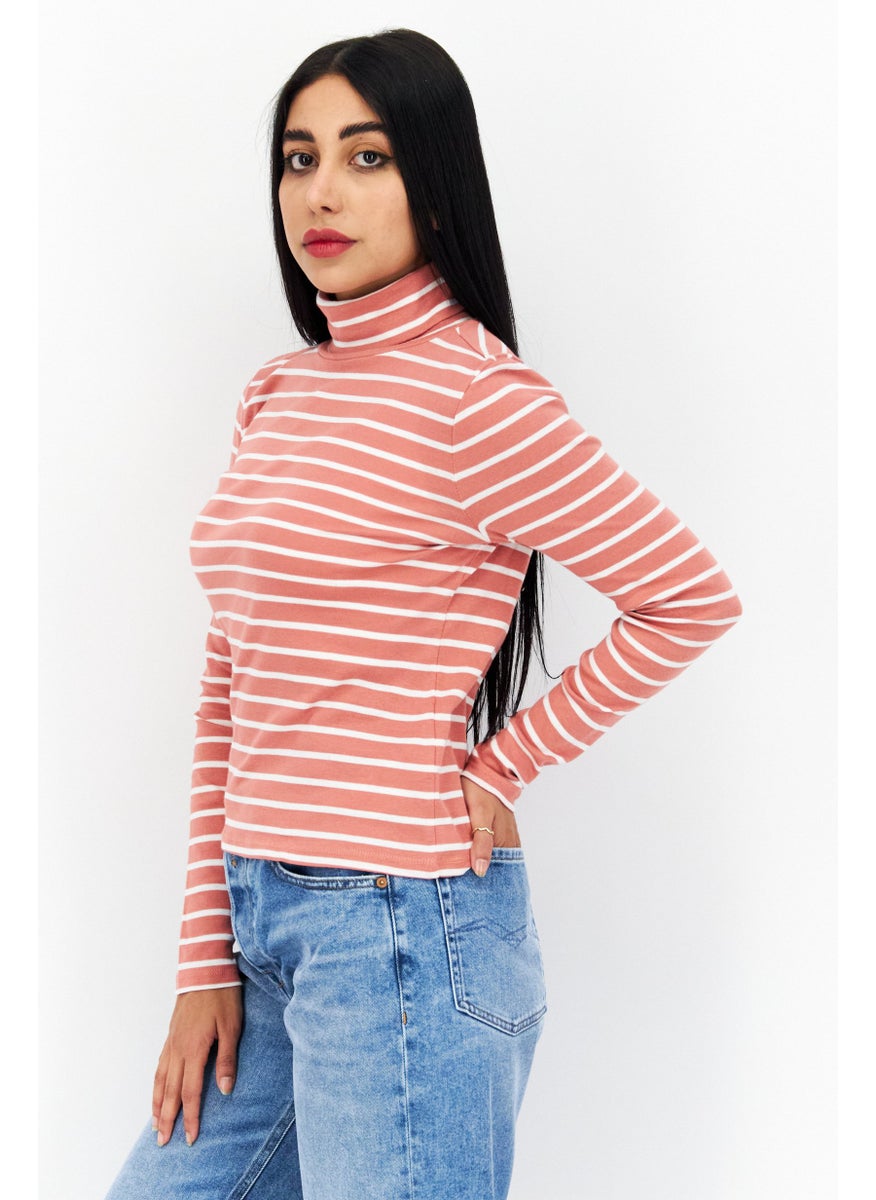 s.Oliver Women Funnel Neck Long Sleeve Stripes Top, Salmon  - Image 2