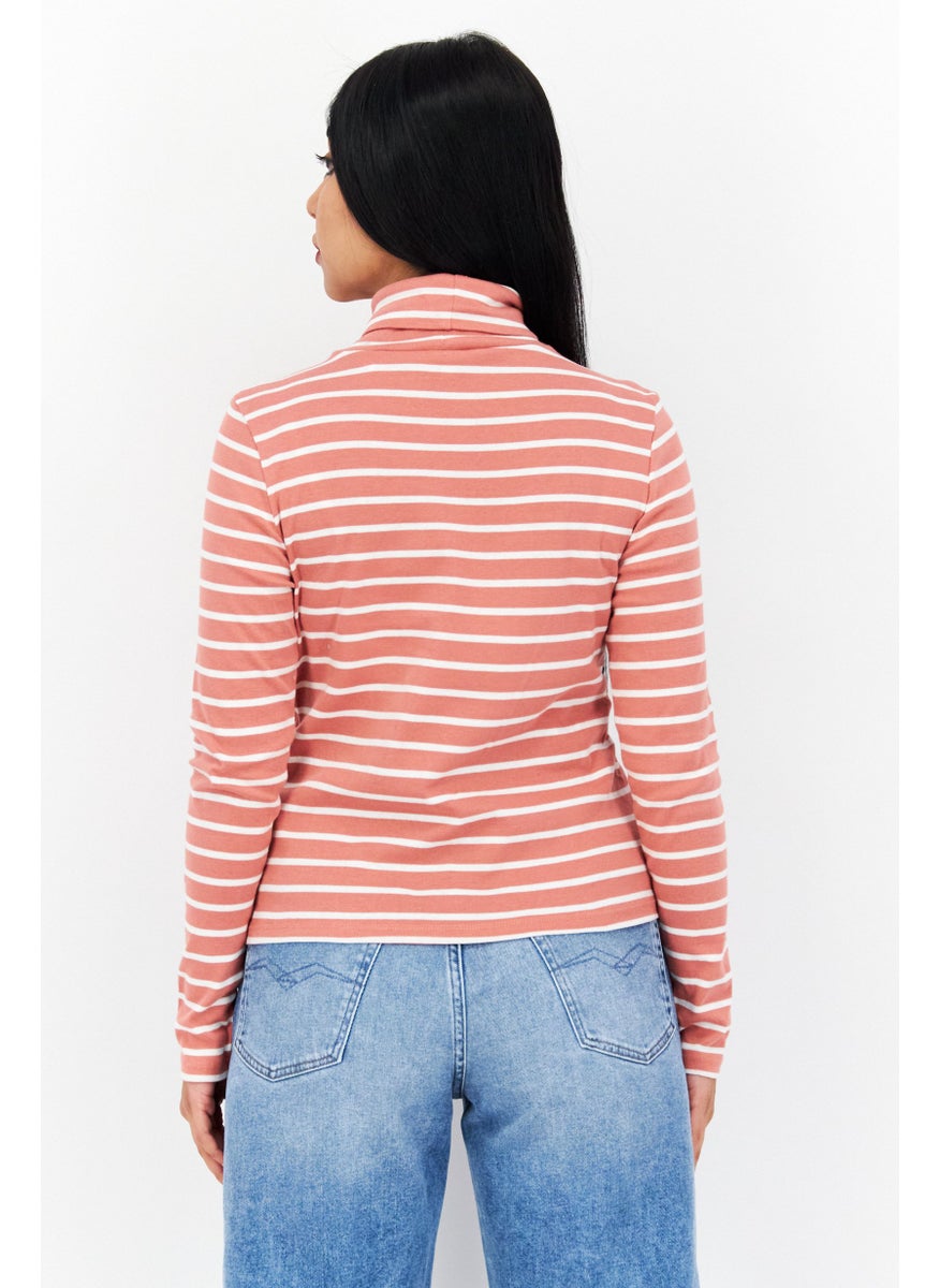 s.Oliver Women Funnel Neck Long Sleeve Stripes Top, Salmon  - Image 4