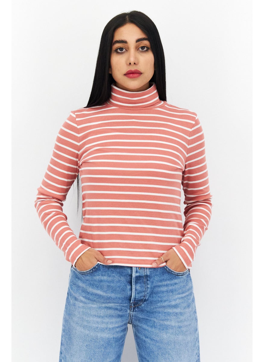 s.Oliver Women Funnel Neck Long Sleeve Stripes Top, Salmon  - Image 1