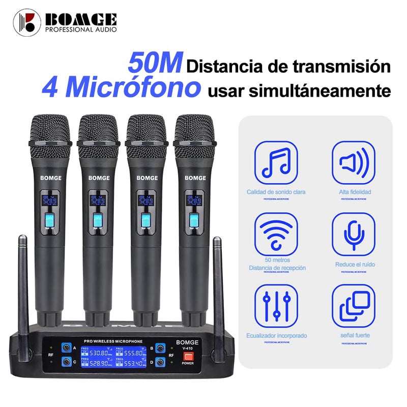 BOMGE Wireless Microphone System, BOMGE Pro 4-Channel Cordless Mic Set with Four Handheld Mics, Fixed Frequency, Long Range 200ft, Ideal for Church,Karaoke, Events (V410) - Image 3