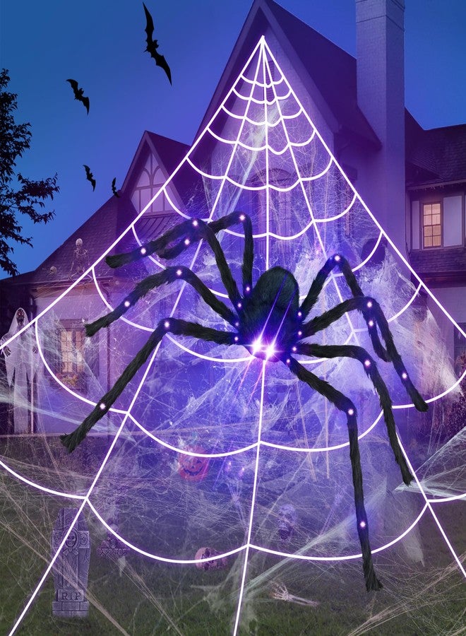 NPET 4.1FT Giant LED Halloween Spider with 24.6FT Spider Web, Light-Up Purple Eyes & Joints, Outdoor Yard Decoration with Ground Stakes & Gutter Hook, Durable & Realistic Wall Decor for Halloween Party - Image 1