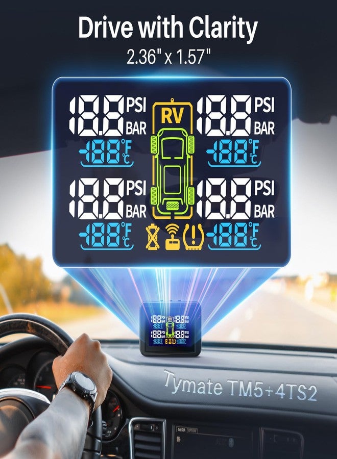 Tymate TM5 Tire Pressure Monitoring System - Large Colorful Screen TPMS, 5 Alert Modes with 4 External Sensors, Real-time Monitoring Tire Pressure&Temperature, 0-87 PSI Ideal for RV Trailer SUV Sedan - Image 2