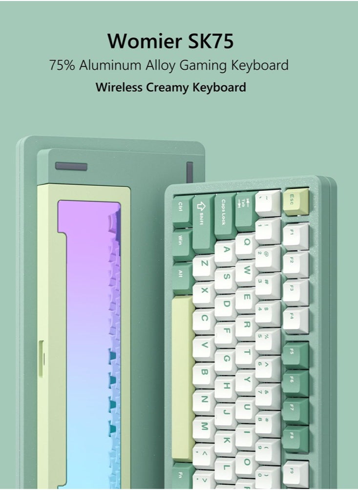 Womier - Womier SK75 75% Keyboard with Full Aluminum Wireless Mechanical Gaming Keyboard, VIA Custom Pre-lubed POM Switches RGB Creamy Gaming Keyboard, 3-Modes Gasket Hot Swappable, Green - Image 1