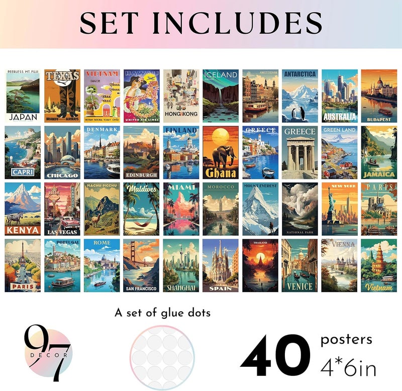 97 Decor Vintage Travel Decor For Home - 40 Pcs Vintage Travel Posters For Classroom, Around The World Wall Art Prints, Retro Geography Destination Collage For Bedroom Dorm Decorations (4x6) - Image 2