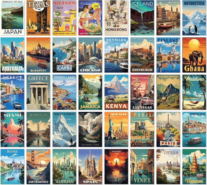97 Decor Vintage Travel Decor For Home - 40 Pcs Vintage Travel Posters For Classroom, Around The World Wall Art Prints, Retro Geography Destination Collage For Bedroom Dorm Decorations (4x6) - Image 1