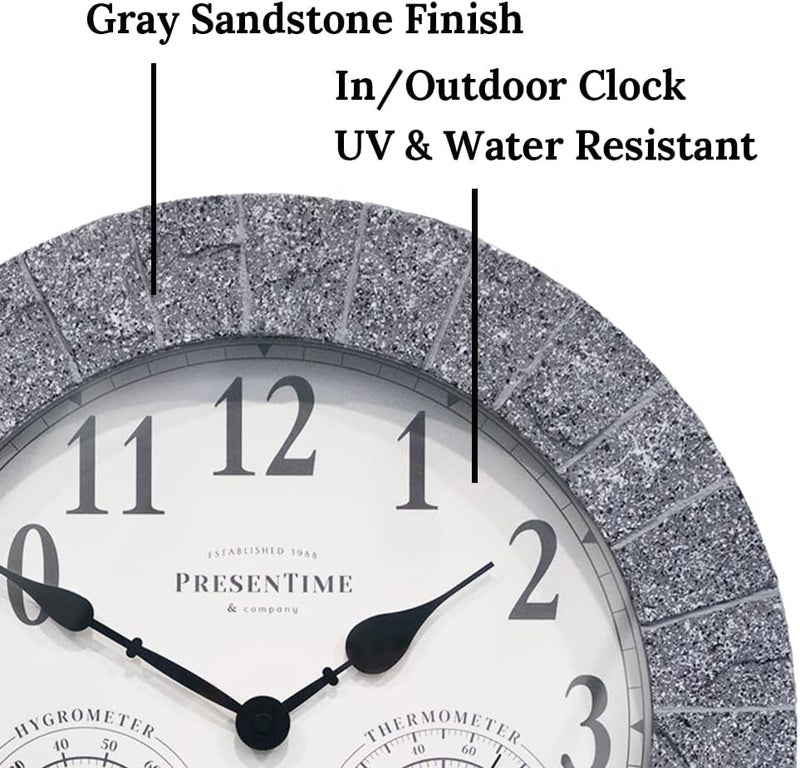 Presentime & Co Sandstone Outdoor Clock with Thermometer & Hygrometer as All in one Weather Station, 14", Gray Sandstone Finish. Weather Thermometer, Outdoor Décor, Wall Décor. - Image 3
