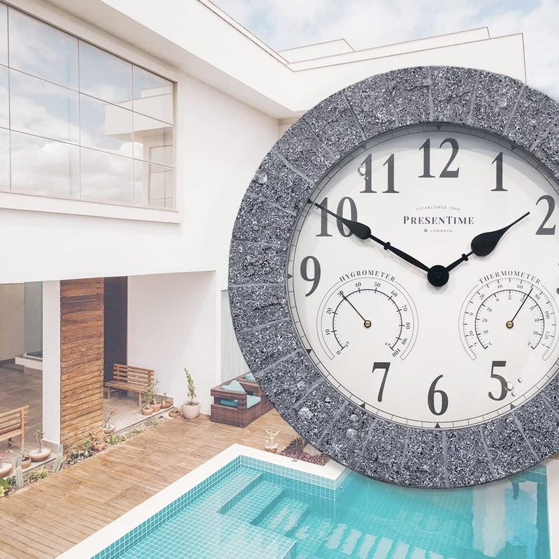 Presentime & Co Sandstone Outdoor Clock with Thermometer & Hygrometer as All in one Weather Station, 14", Gray Sandstone Finish. Weather Thermometer, Outdoor Décor, Wall Décor. - Image 5