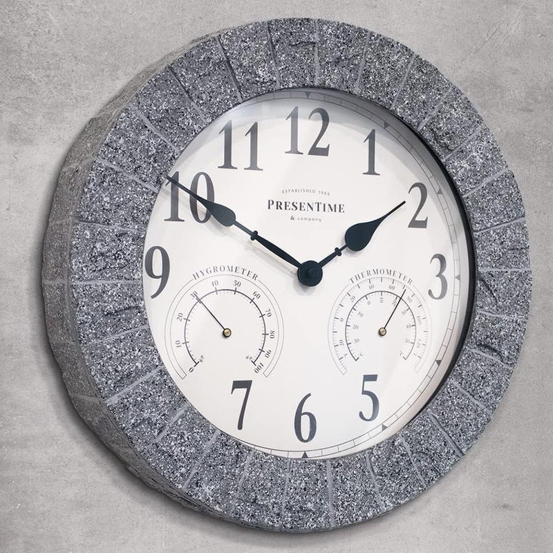 Presentime & Co Sandstone Outdoor Clock with Thermometer & Hygrometer as All in one Weather Station, 14", Gray Sandstone Finish. Weather Thermometer, Outdoor Décor, Wall Décor. - Image 4