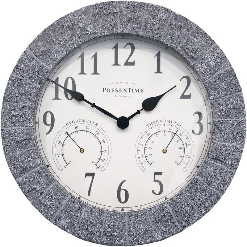 Presentime & Co Sandstone Outdoor Clock with Thermometer & Hygrometer as All in one Weather Station, 14", Gray Sandstone Finish. Weather Thermometer, Outdoor Décor, Wall Décor. - Image 1