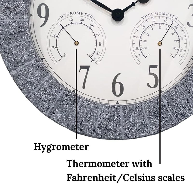 Presentime & Co Sandstone Outdoor Clock with Thermometer & Hygrometer as All in one Weather Station, 14", Gray Sandstone Finish. Weather Thermometer, Outdoor Décor, Wall Décor. - Image 2