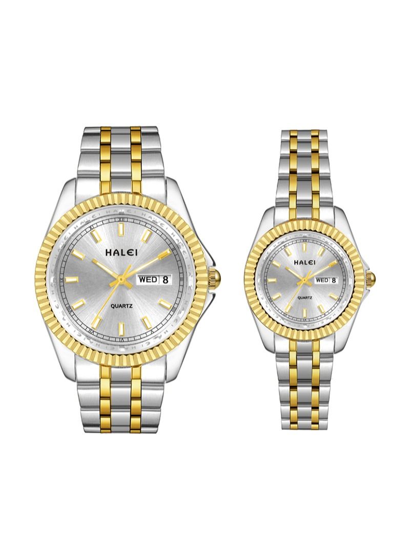 HALEI مجموعة ساعات فاخرة للزوجين من HALEI باللونين الذهبي والفضي من الفولاذ المقاوم للصدأ بتقويم كوارتز ومرصعة بأحجار الراين للرجال والنساء - Image 1