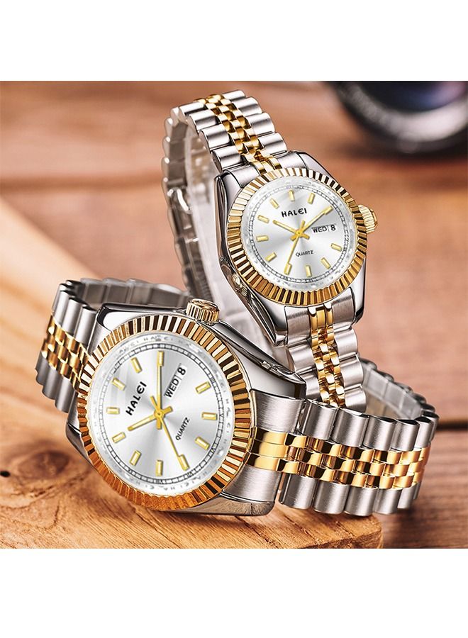 HALEI مجموعة ساعات فاخرة للزوجين من HALEI باللونين الذهبي والفضي من الفولاذ المقاوم للصدأ بتقويم كوارتز ومرصعة بأحجار الراين للرجال والنساء - Image 2