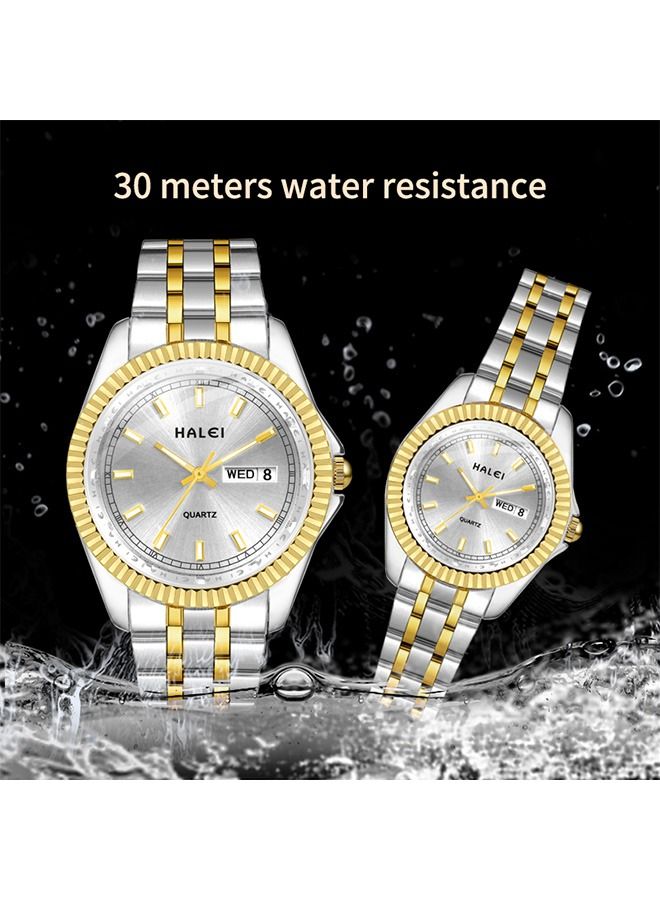 HALEI مجموعة ساعات فاخرة للزوجين من HALEI باللونين الذهبي والفضي من الفولاذ المقاوم للصدأ بتقويم كوارتز ومرصعة بأحجار الراين للرجال والنساء - Image 4