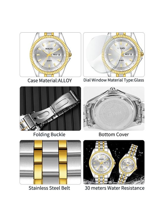 HALEI مجموعة ساعات فاخرة للزوجين من HALEI باللونين الذهبي والفضي من الفولاذ المقاوم للصدأ بتقويم كوارتز ومرصعة بأحجار الراين للرجال والنساء - Image 3