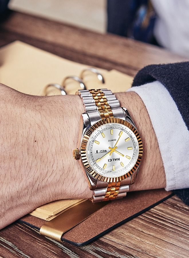 HALEI مجموعة ساعات فاخرة للزوجين من HALEI باللونين الذهبي والفضي من الفولاذ المقاوم للصدأ بتقويم كوارتز ومرصعة بأحجار الراين للرجال والنساء - Image 5