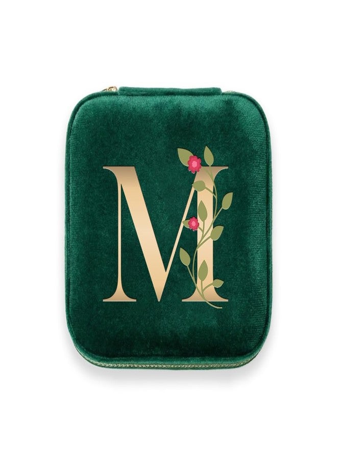 The Messy Corner Blossom Velvet Travel Jewellery Box | Compact & Stylish Organizer Alphabetical Initial | For Women - Emerald Green (Letter M) - Image 1