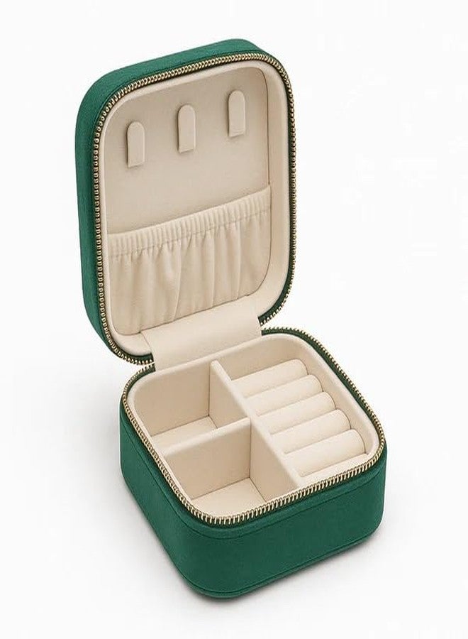 The Messy Corner Blossom Velvet Travel Jewellery Box | Compact & Stylish Organizer Alphabetical Initial | For Women - Emerald Green (Letter M) - Image 2