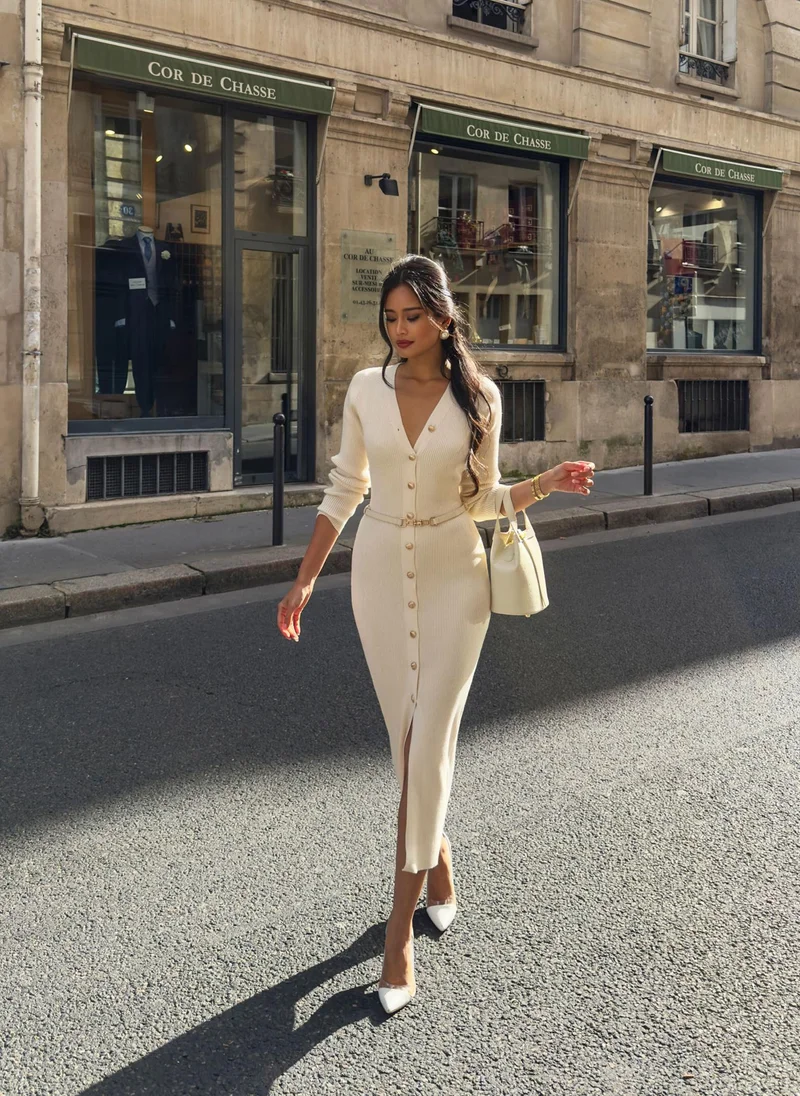 Lichi Knitted midi dress with a belt and golden decorations
