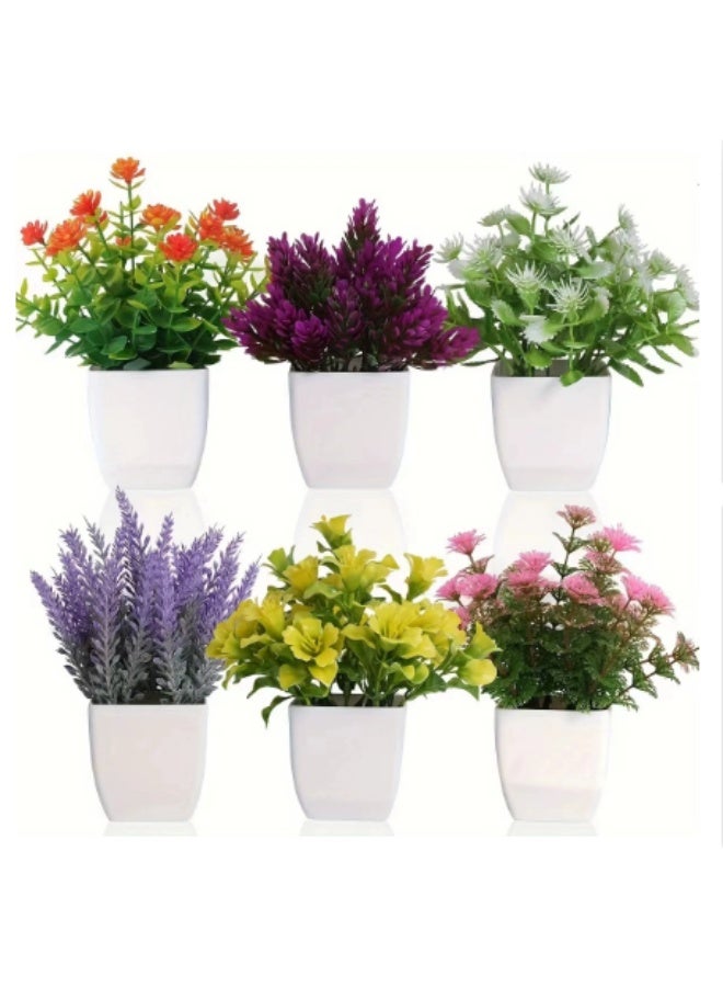 Arabest عبوة من 6 نباتات صناعية صغيرة في أصص، خضرة مختلطة بلاستيكية واقعية لتزيين المنزل، نباتات مزيفة صغيرة داخلية وخارجية للمكتب، الرف، الشرفة (أخضر، 15 سم) - Image 1