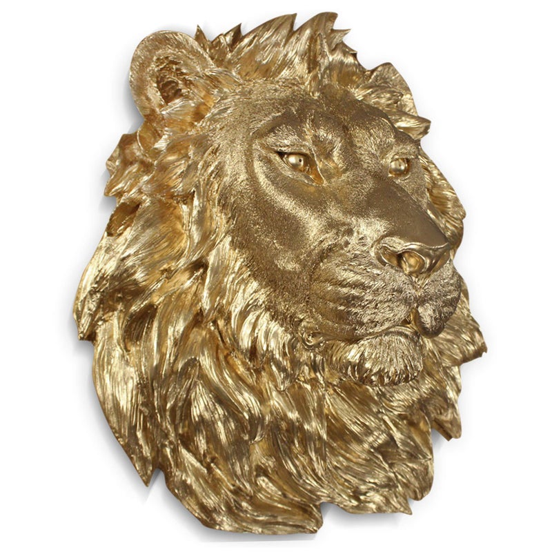 Wall Charmers Lion in Gold Faux Head Bust Mounted Fauxidermy Decorative Fake Resin Animal Mount Taxidermy Replica Decor Art