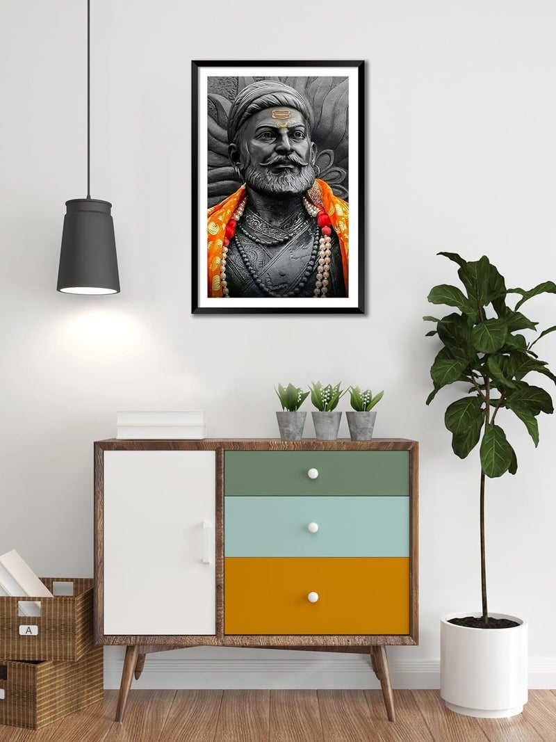 Canvas Pe لوحة جدارية مؤطرة مطبوعة على قماش لشاتراباتي شيفاجي مهاراج بحجم 14x20 للديكور لغرفة المعيشة المكتب المنزل تعليق على الحائط خشب صناعي أبيض وأسود - Image 2