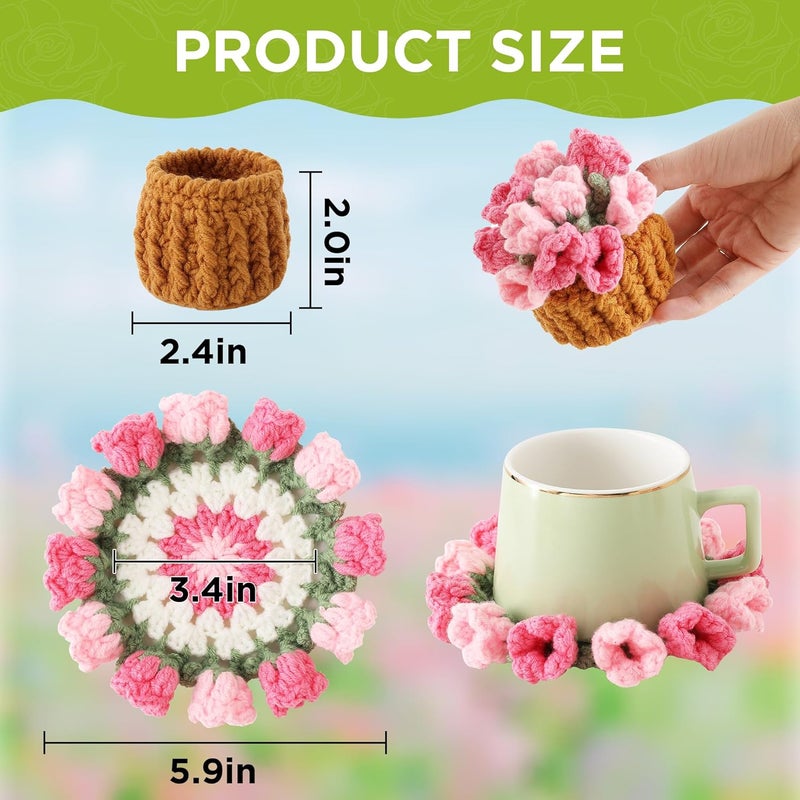 Vane Oak Flower Crochet Coasters, Handmade Bouquet Blanket Coaster with Crochet Plant Pot Fun Soft Decorative Drink Coasters for Coffee Table Tabletop Protection and Home Decor - Image 2