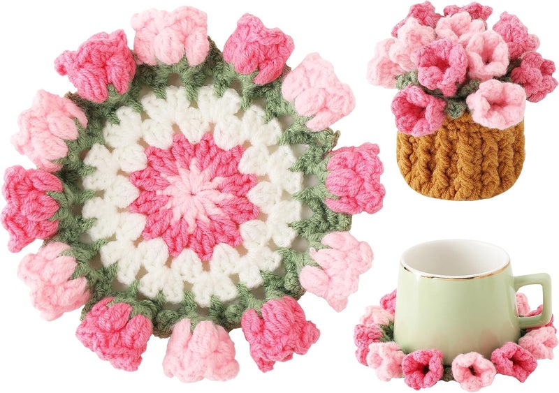 Vane Oak Flower Crochet Coasters, Handmade Bouquet Blanket Coaster with Crochet Plant Pot Fun Soft Decorative Drink Coasters for Coffee Table Tabletop Protection and Home Decor - Image 1