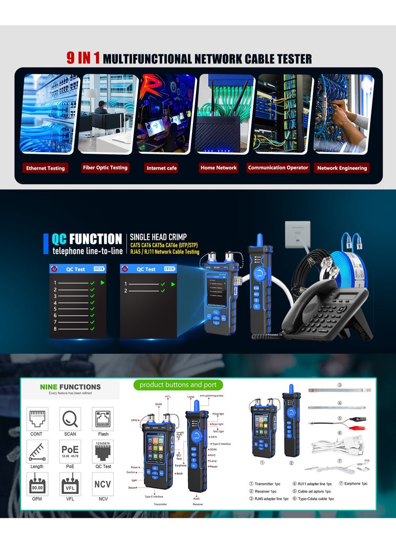 NOYAFA - NF-8508 Network Cable Tester with Optical Power Meter VFL/CAT5/CAT6/RJ11 Cable Toner Ethernet Cable Tester, Length Measurement, RJ45 Network Tester for Telephone, PoE Tester Wire Tracer Fiber Tester - Image 1