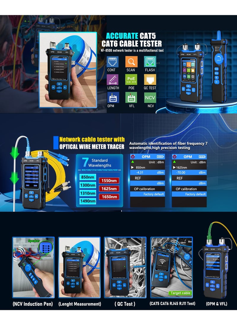 NOYAFA - NF-8508 Network Cable Tester with Optical Power Meter VFL/CAT5/CAT6/RJ11 Cable Toner Ethernet Cable Tester, Length Measurement, RJ45 Network Tester for Telephone, PoE Tester Wire Tracer Fiber Tester - Image 1
