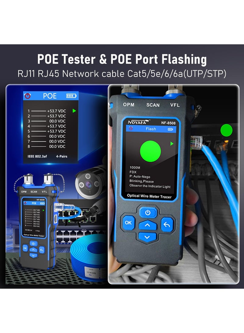 NOYAFA NF-8508 Network Cable Tester with Optical Power Meter VFL,RJ11 RJ45/PoE Tester/CAT5 CAT6/length Measurement,Telephone line Trace Meter with Headset, Network Tools with Type-C Charging,200M Length Test - Image 4