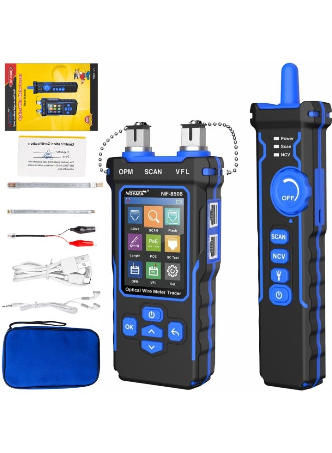 نويافا جهاز اختبار كابلات الشبكة NF-8508 مع مقياس الطاقة الضوئية VFL، وجهاز اختبار RJ11 RJ45/PoE/CAT5 CAT6/قياس الطول، ومقياس تتبع خط الهاتف مع سماعة رأس، وأدوات الشبكة مع شحن من النوع C، واختبار طول 200 متر - Image 1