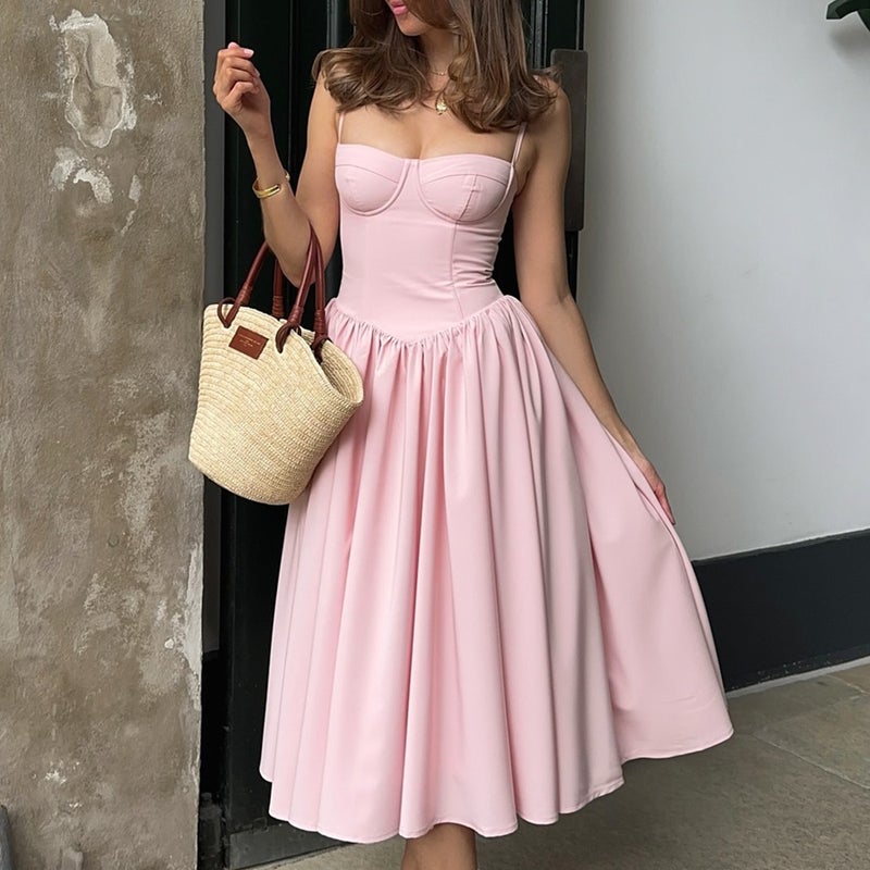 Spring Women'S Clothing New Girl V-Neck Sling Midi Dress Waist Slimming Backless Dress - Image 2