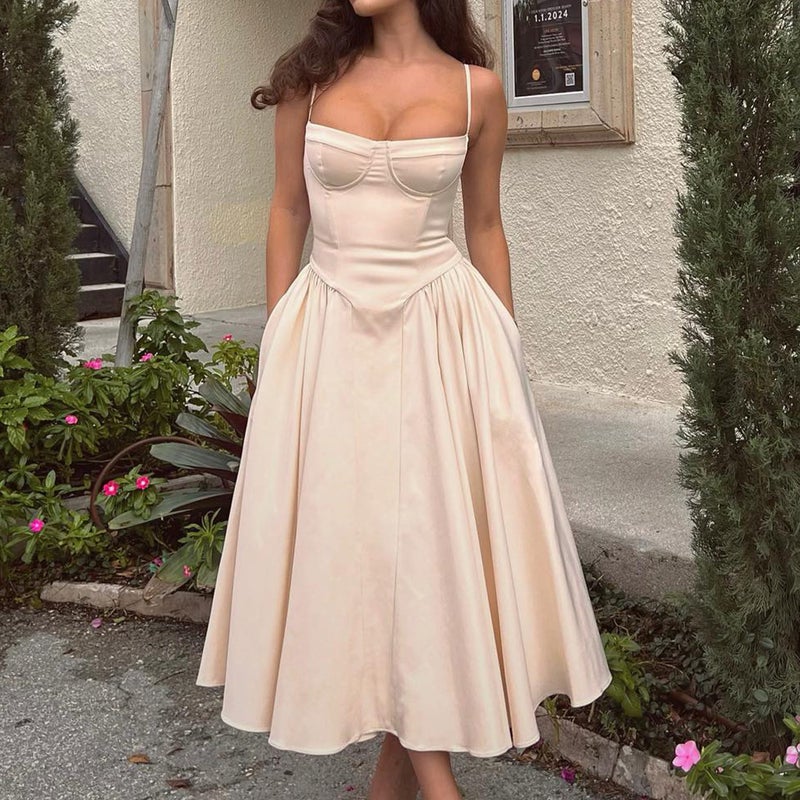 Spring Women'S Clothing New Girl V-Neck Sling Midi Dress Waist Slimming Backless Dress - Image 5