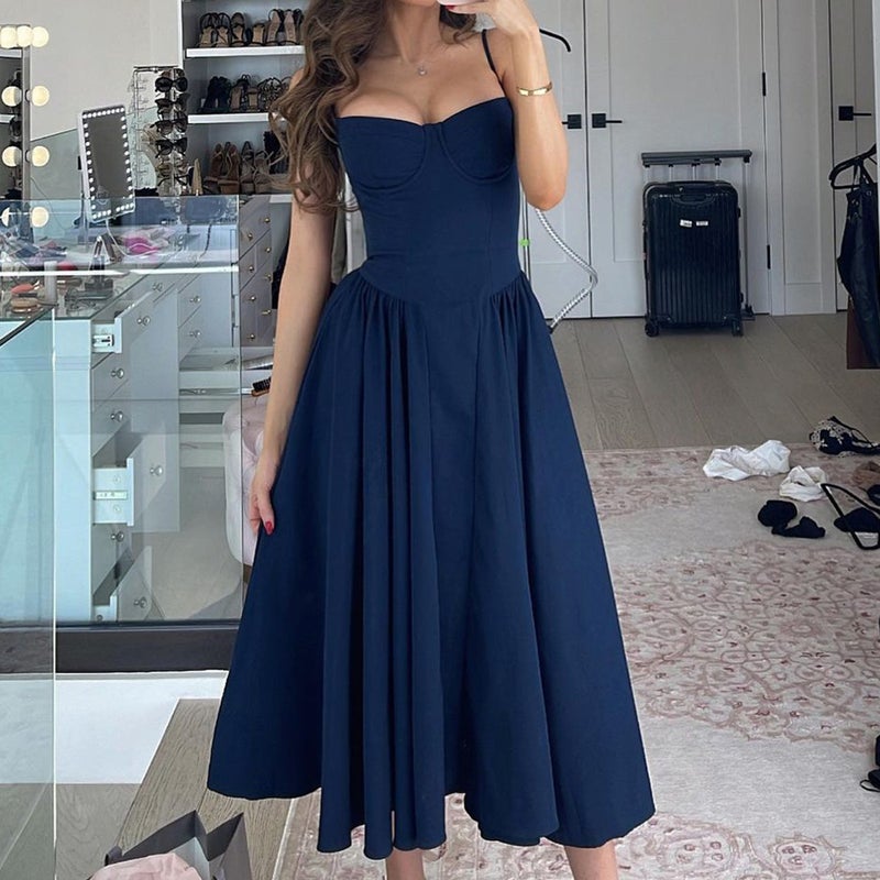 Spring Women'S Clothing New Girl V-Neck Sling Midi Dress Waist Slimming Backless Dress - Image 3