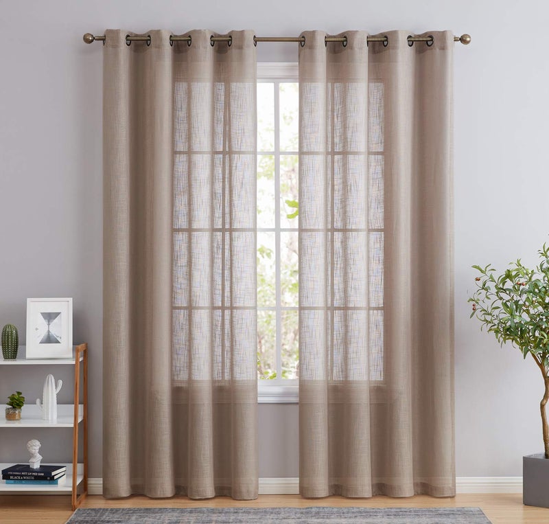 HLCME Abbey Faux Linen Textured Semi Sheer Privacy Sun Light Filtering Transparent Window Grommet Short Thick Curtains Drapery Panels for Office  Living Room 2 Panels 54 W x 63 L Taupe