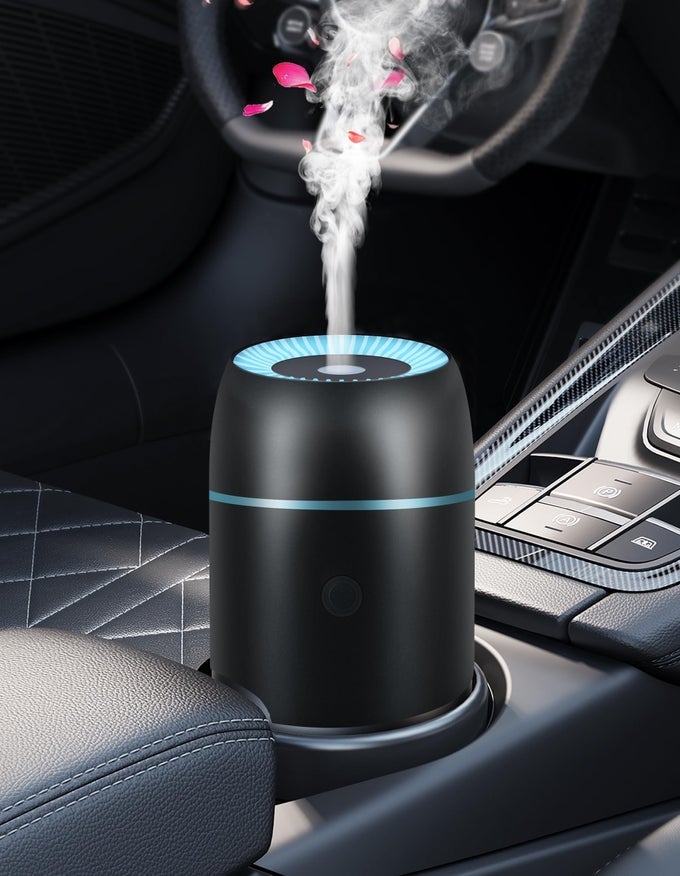 CAR DIFFUSER FOR ESSENTIAL OILS PORTABLE MINI ULTRASONIC MIST HUMIDIFIER 100ML USB AROMATHERAPY DIFFUSER FRESHENER WITH COLORFUL LIGHTS FOR SMALL SPACE HOME OFFICE BEDROOM BLACK