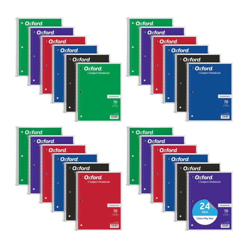 Oxford Spiral Notebooks Bulk College Ruled Spiral Notebooks for School 1Subject College Ruled Paper 70 Lined Sheets 24 per Pack 3Hole Punch Colors May Vary 65021