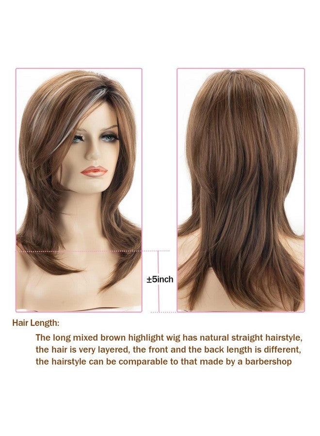 RENERSHOW Long Mixed Brown Highlight Synthetic Wigs For Women Layered Ombre Brown Wig With Dark Roots Straight Hair Wig - Image 2