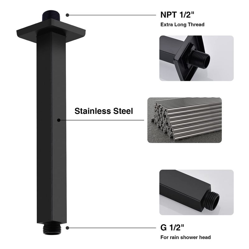 TRUSTMI Matte Black Shower Arm with Flange Ceiling Mounted 8 Inch Square Extension Pipe for Overhead Rainfall Shower Head, Stainless Steel - Image 4