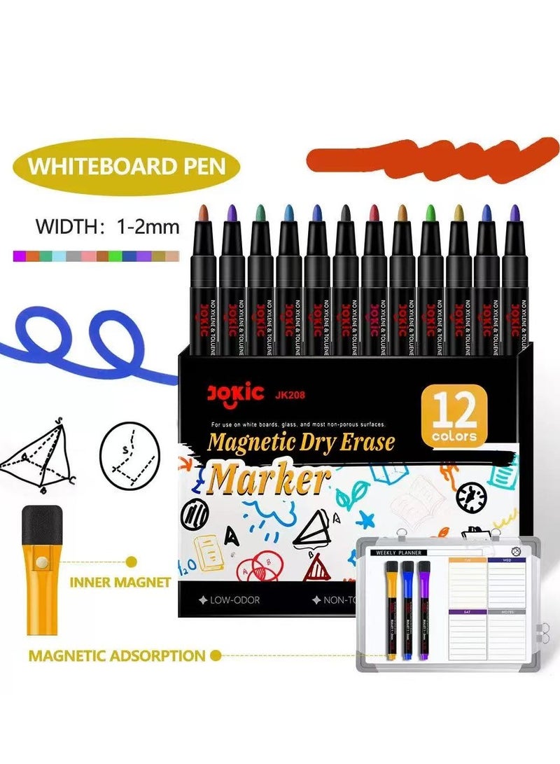 FengSVMA Magnetic Dry Erase Markers Fine: 12 Colors Erasable Whiteboard Markers Fine Point with Eraser Cap, Low Odor White Board Dry Erase Pens Fine Tip for Kids & Teachers, Home, Office and School  - Image 2