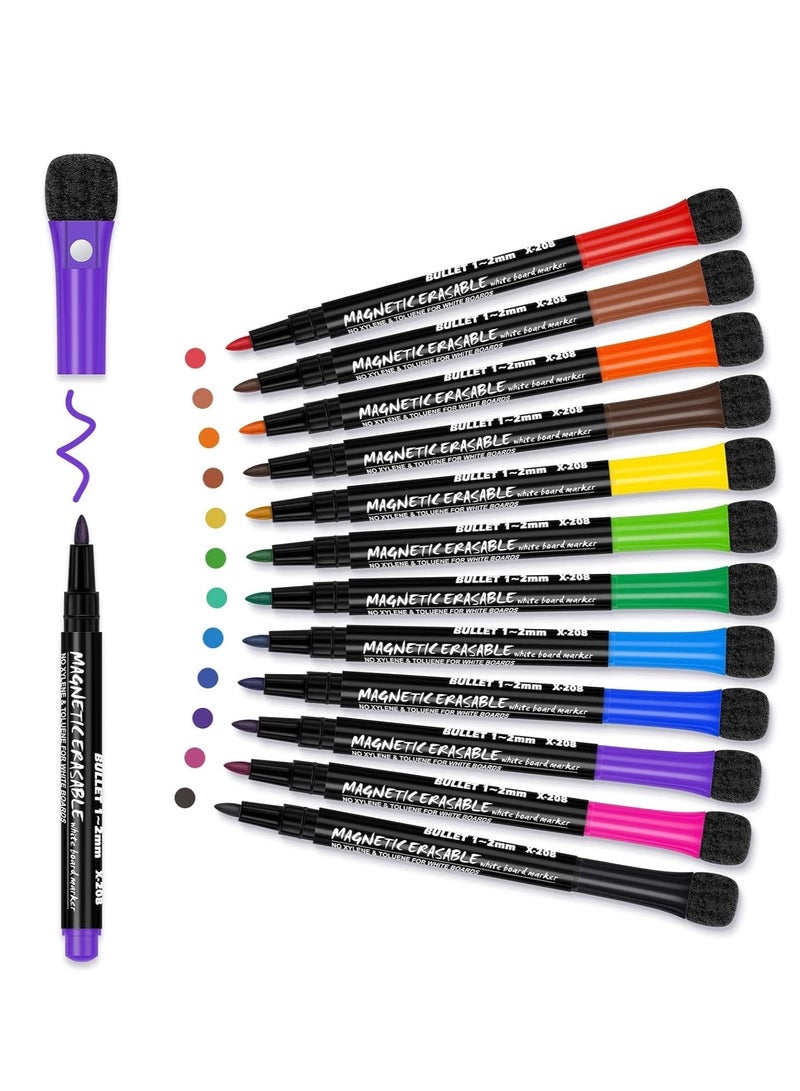 FengSVMA Magnetic Dry Erase Markers Fine: 12 Colors Erasable Whiteboard Markers Fine Point with Eraser Cap, Low Odor White Board Dry Erase Pens Fine Tip for Kids & Teachers, Home, Office and School  - Image 1