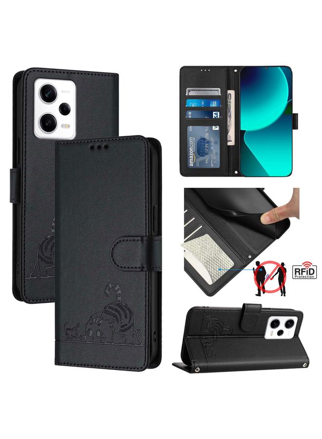 The Bros Case For Xiaomi POCO X5 Pro Cat Rat Embossed Pattern RFID Leather Phone Case with Lanyard