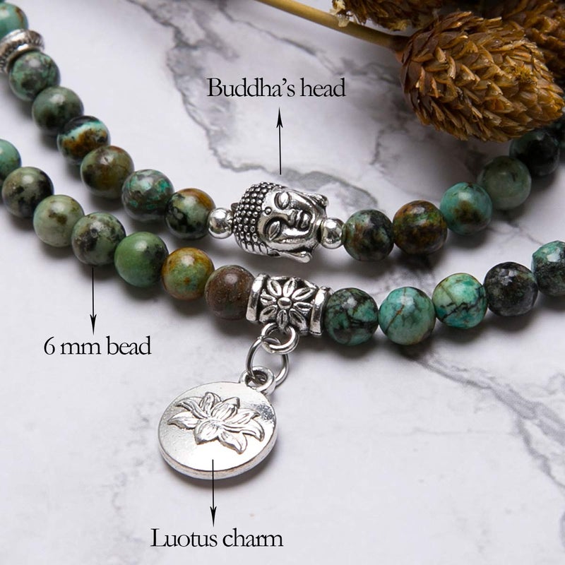 Bivei 108 Mala Beads Necklace Beaded Wrap Bracelets Genuine Gemstone Mala Prayer Beads Lotus Charm Yoga Meditation Necklace - African Turquoise - Image 2