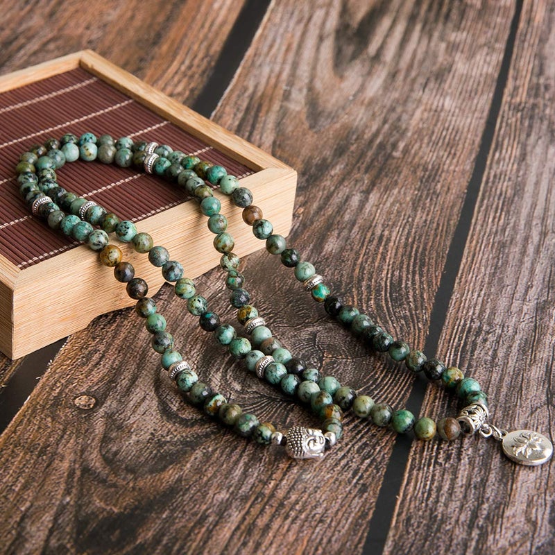 Bivei 108 Mala Beads Necklace Beaded Wrap Bracelets Genuine Gemstone Mala Prayer Beads Lotus Charm Yoga Meditation Necklace - African Turquoise - Image 3