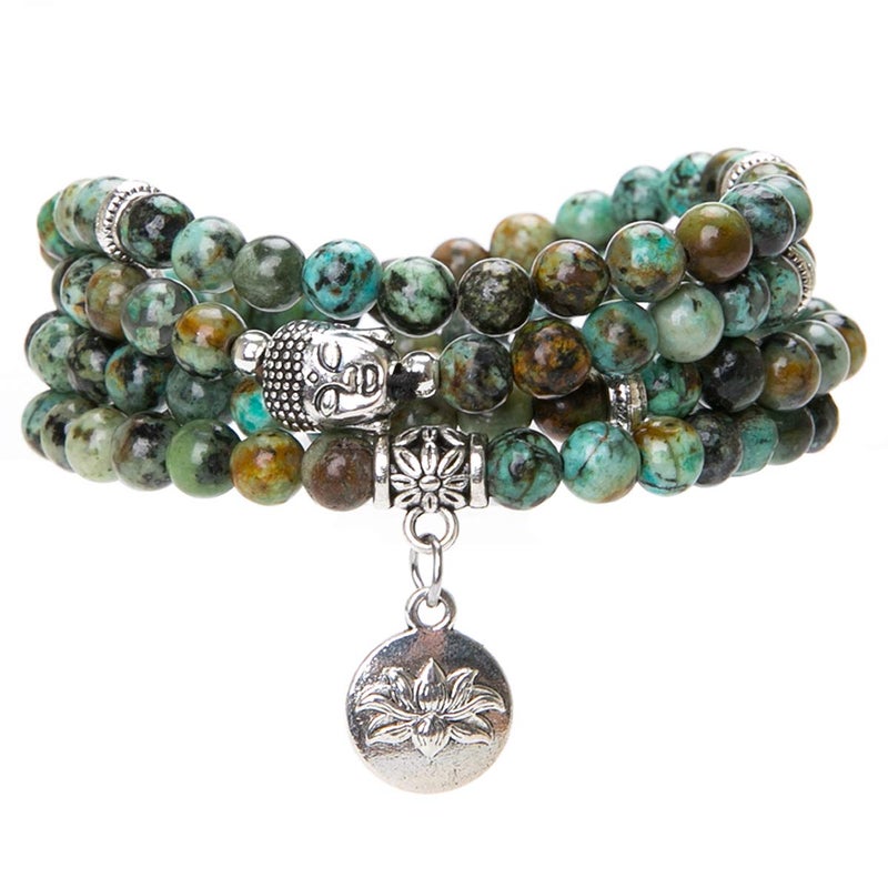 Bivei 108 Mala Beads Necklace Beaded Wrap Bracelets Genuine Gemstone Mala Prayer Beads Lotus Charm Yoga Meditation Necklace - African Turquoise - Image 1