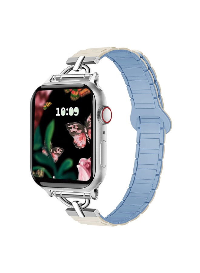 Suitable For Apple Watch For ApplewatchS10 Magnetic Two-color Small Waist Silicone Strap Girls 2025 New-Color:38/40/41/s10(42) Antique White With Mint Green  - Image 1