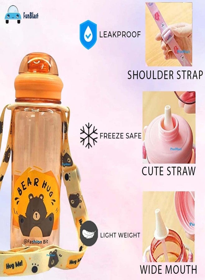 Funeiko Cute Water Bottle for Kids – Cartoon Animal Design Sipper Bottle with Straw & Adjustable Strap Stylish Water Bottle with Sipper, School Water Bottle for Kids – 520 ML (Bear) - Image 3